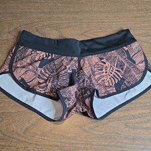 Hurley Women's Swim Shorts - Black and Coral Leaf Print